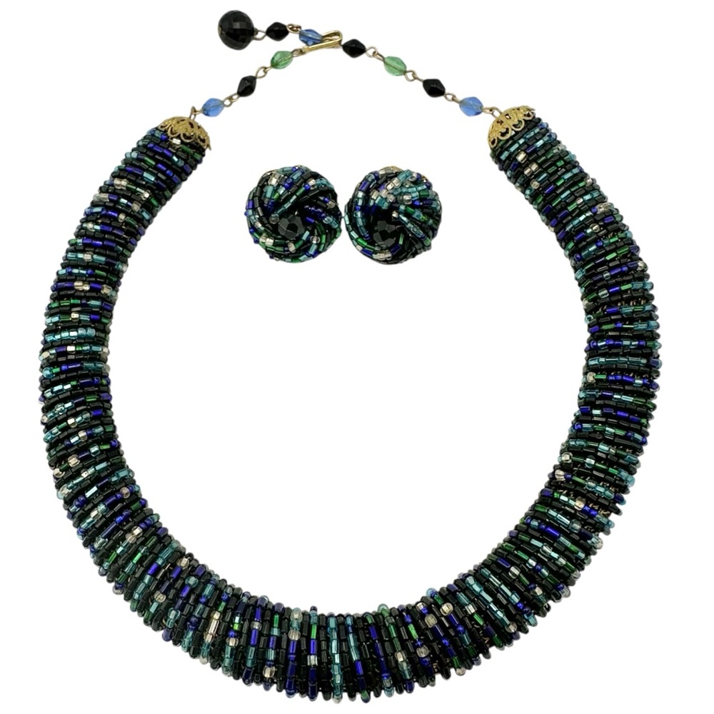 Hobe Signed Vintage Beaded Wrapped Tube Necklace Clip On Earrings Set